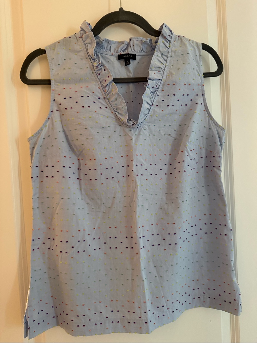 Talbots Light Blue Ruffle V-Neck Sleeveless Camisole with Multicolor Dots